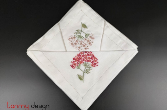 Bộ khăn ăn (6chiếc )45x45 trắng thêu hoa cẩm tú cầu hồng đỏ